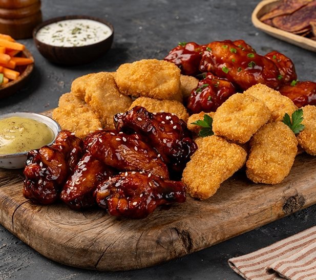 Picadita de alitas y nuggets con salsas